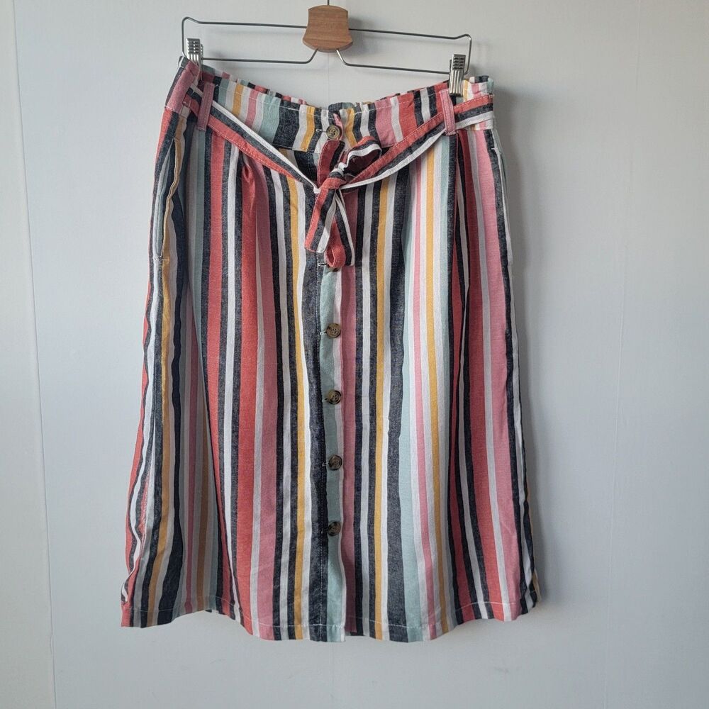 Dash‎ womens striped A-line midi skirt sz L button-front tie-waist belt pockets